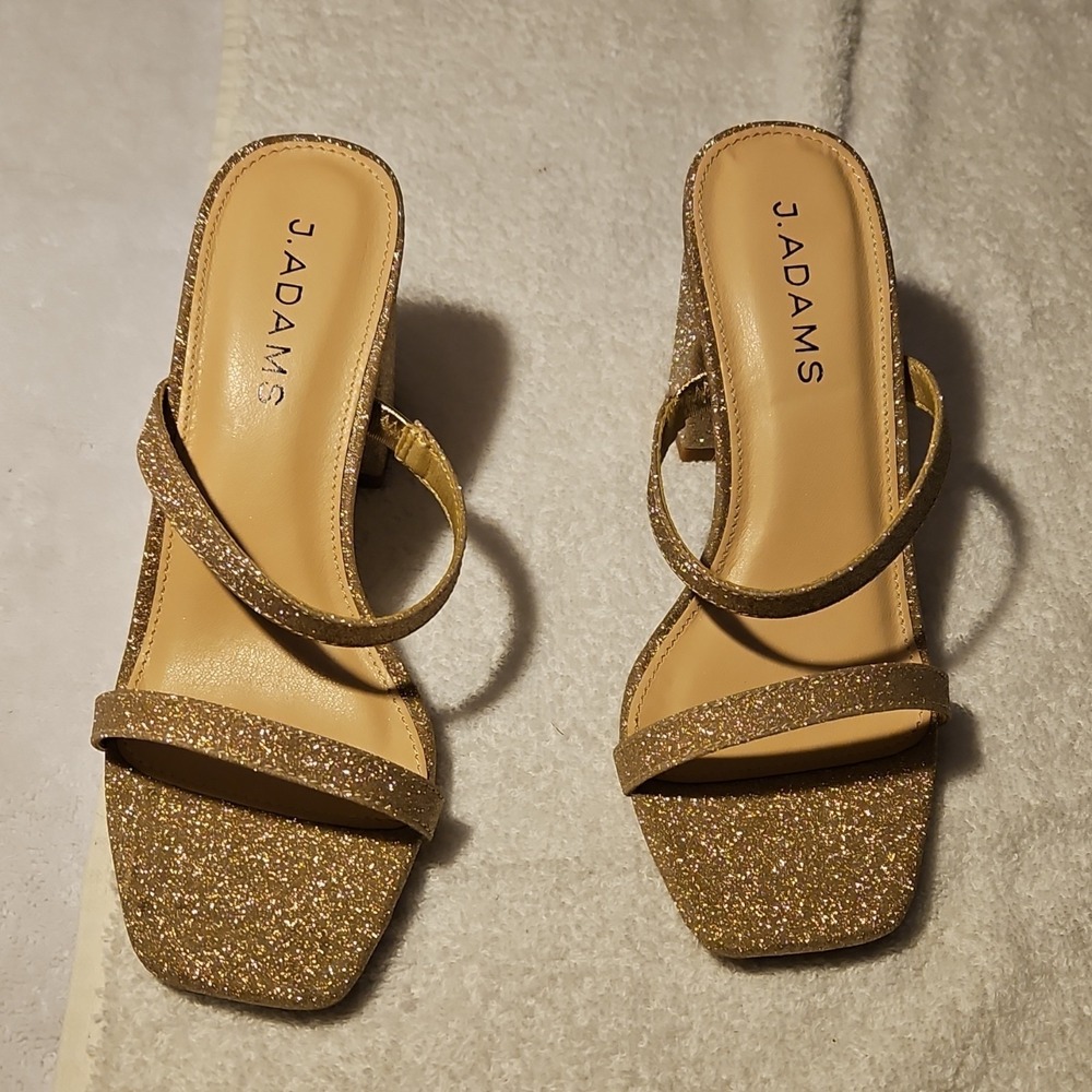 J. Adams Gold Glitter Synthetic Strappy Block Heel Square Toe Women's Size 5.5